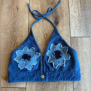 Blue Denim Halter Top with Floral Appliqué